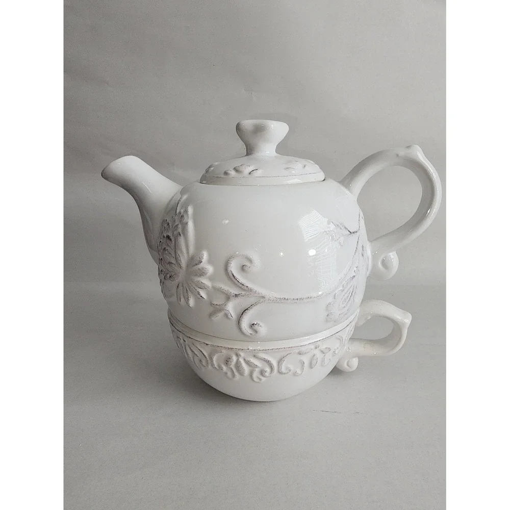 Dena Home Tea For One Set White Embossed Floral Ceramic Teapot and Cup